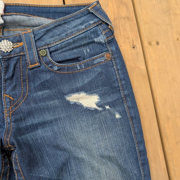 True Religion Women's Dark Wash Skinny Jeans with Embellished Buttons - Size 27 - Picture 2 of 10